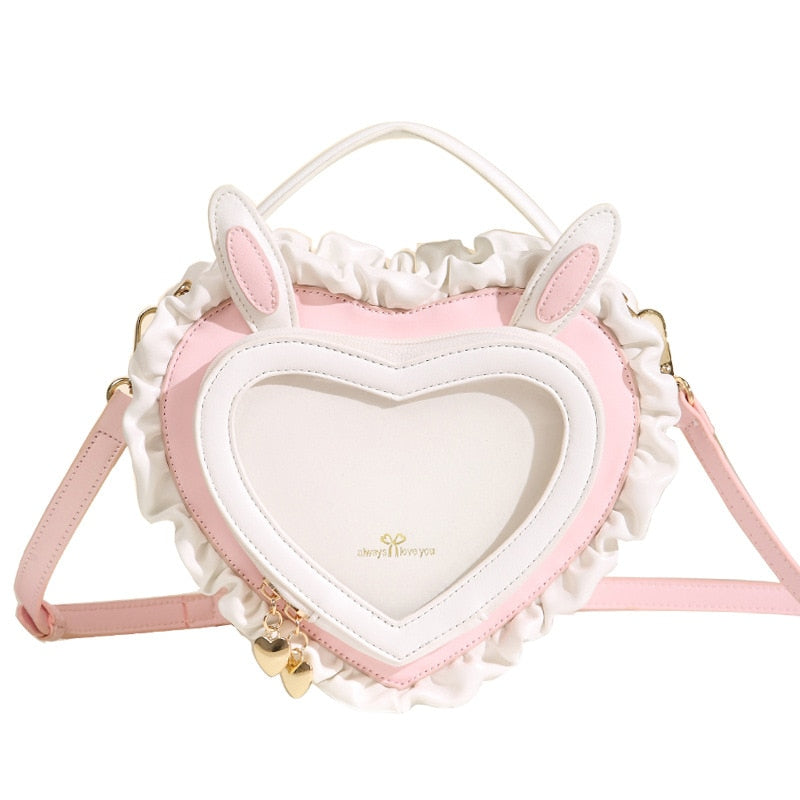 Valentines Day Kawaii Bunny Ears Heart Shape Shoulder Bag Purse Pink Blue