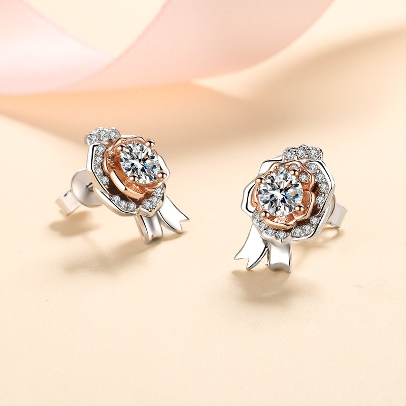 Valentines Day Silver Sparkling Rose Stud Earrings
