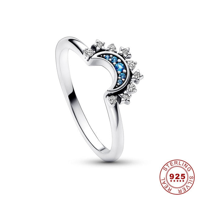 Celestial Blue Sparkling Moon & Sun Rings Sterling Silver Promise & Engagement Set NEW