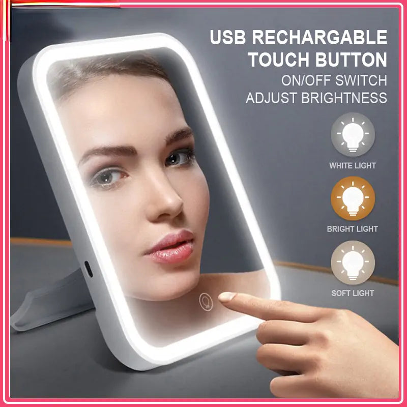 Smart Travel Makeup Lighted Mirror, Touch Screen, Adj. Brightness, Rechargeable NEW