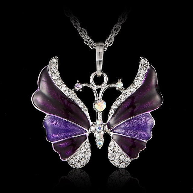 Colorful Sparkling Jewel Butterfly Necklace Pendant Blue Red Purple Pink Green Gold AMB