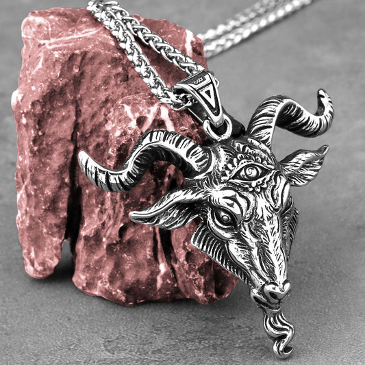 Stainless Steel Silver Viking Pendant Necklace Ram Goat Head Horns Gothic, AMB, NEW!