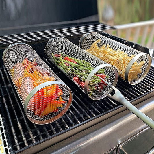 Cylinder Grill Basket Perfect BBQ Cooking Non-Stick Vegetables Shish Kabobs NEW