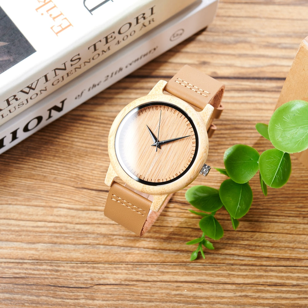 ZenWood Watch Elegant Bamboo Brilliance Quartz Analog Leather Band NEW