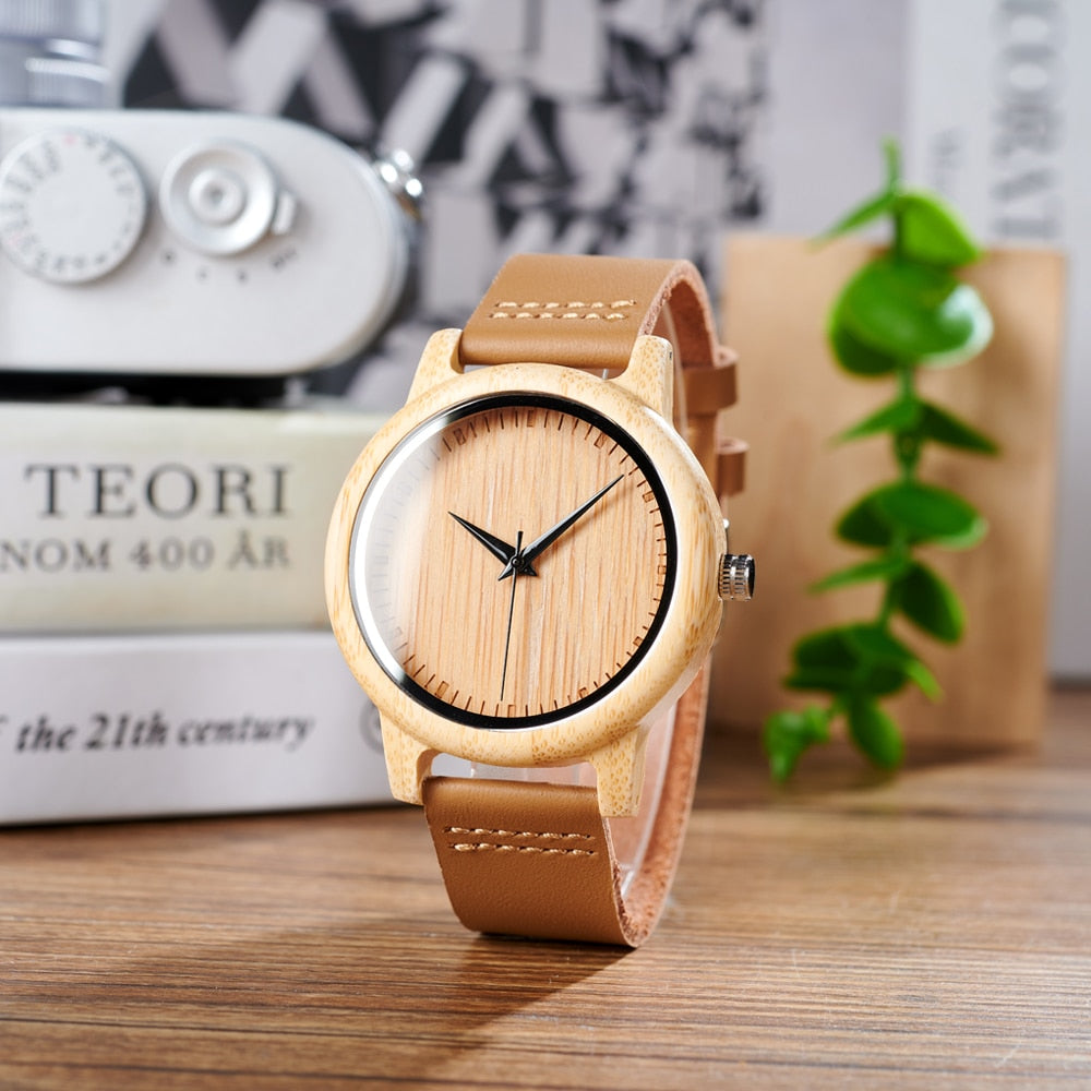 ZenWood Watch Elegant Bamboo Brilliance Quartz Analog Leather Band NEW