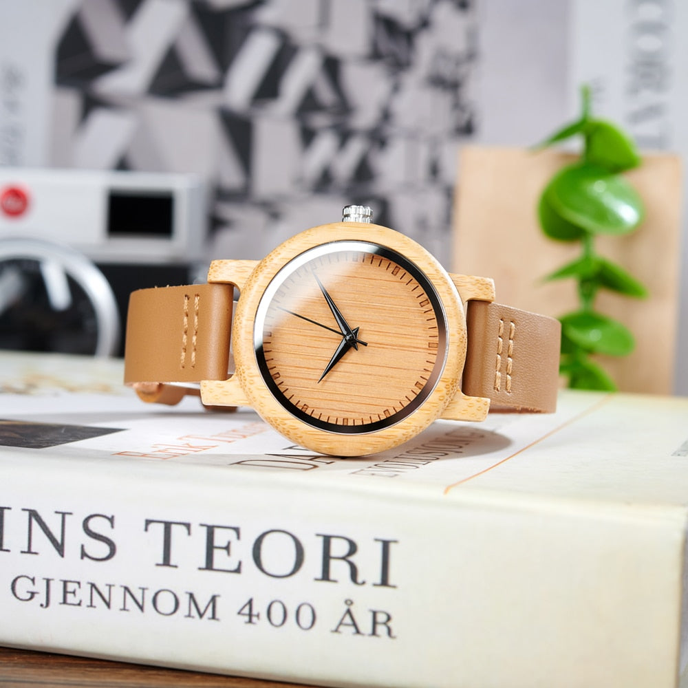 ZenWood Watch Elegant Bamboo Brilliance Quartz Analog Leather Band NEW