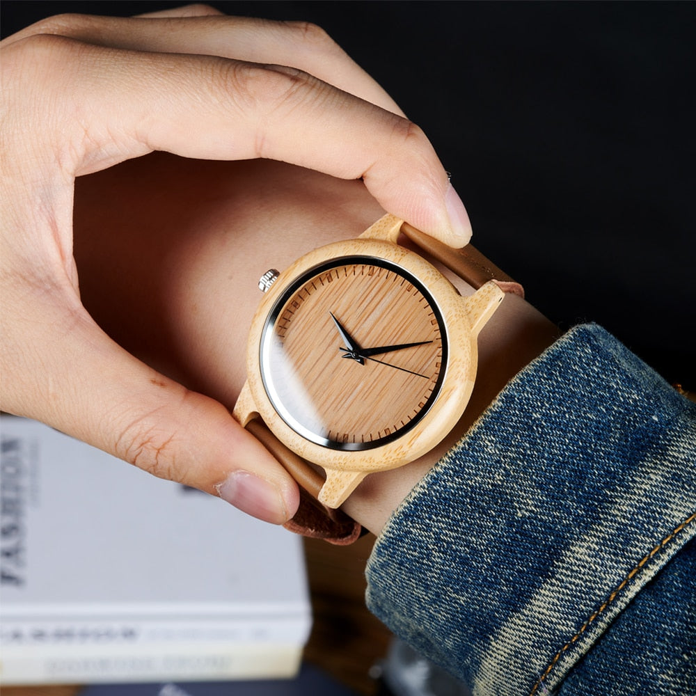 ZenWood Watch Elegant Bamboo Brilliance Quartz Analog Leather Band NEW