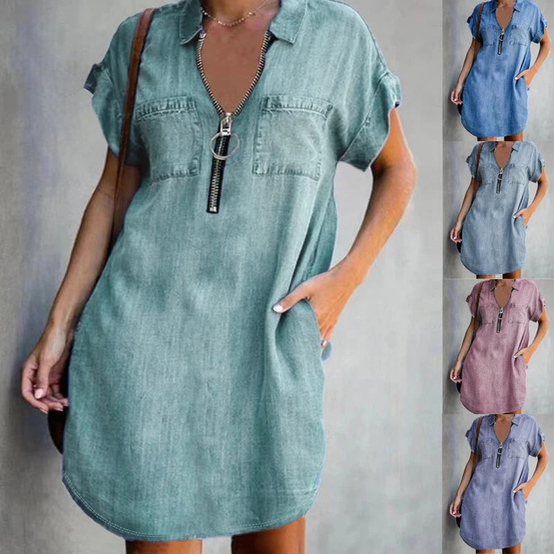Denim Elvira Zip-Up Dress Casual Wear Flirty Comfortable Chic Elegance+Ease NEW