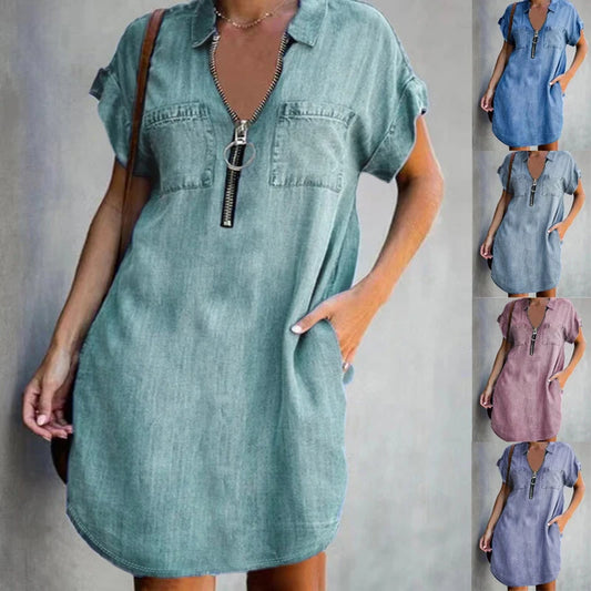 Denim Elvira Zip-Up Dress Casual Wear Flirty Comfortable Chic Elegance+Ease NEW