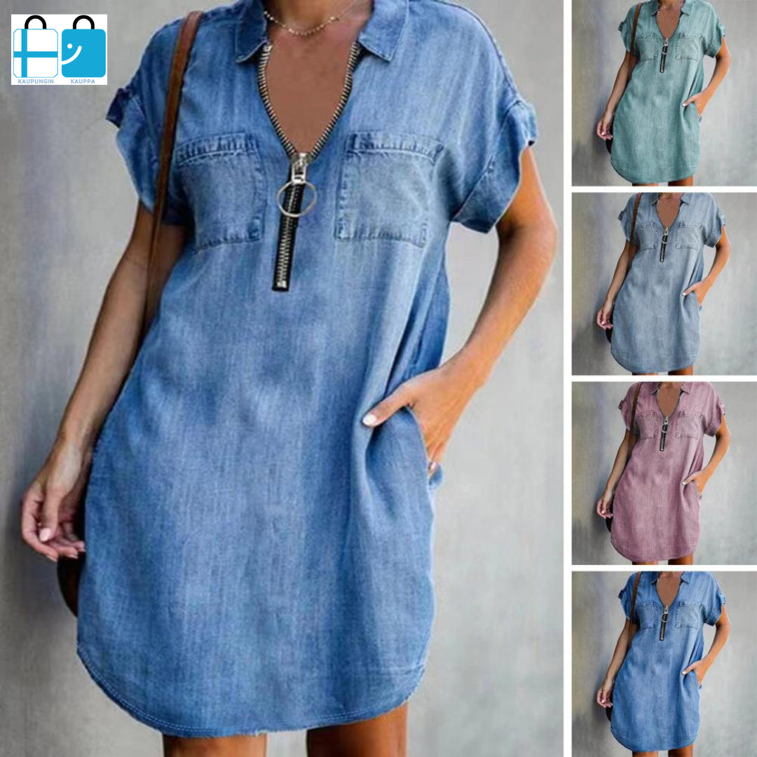 Denim Elvira Zip-Up Dress Casual Wear Flirty Comfortable Chic Elegance+Ease NEW