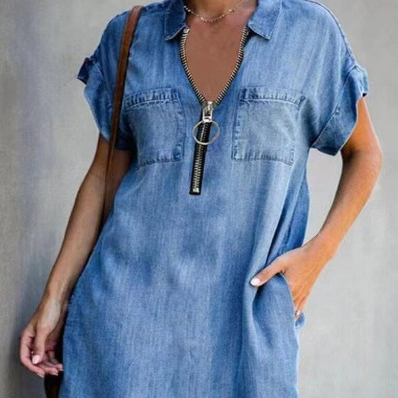 Denim Elvira Zip-Up Dress Casual Wear Flirty Comfortable Chic Elegance+Ease NEW