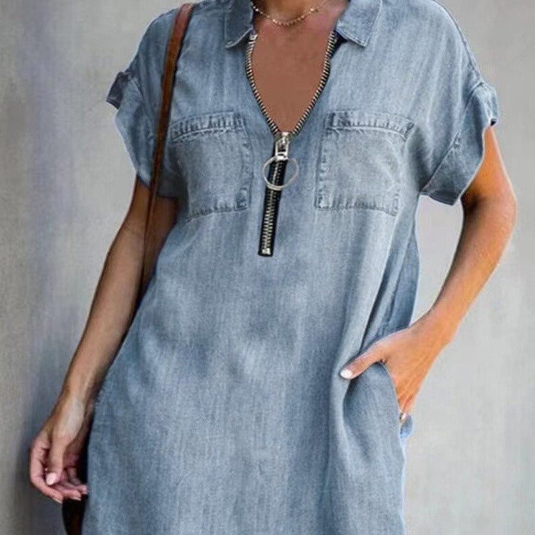 Denim Elvira Zip-Up Dress Casual Wear Flirty Comfortable Chic Elegance+Ease NEW