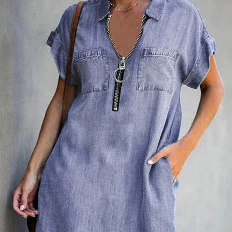 Denim Elvira Zip-Up Dress Casual Wear Flirty Comfortable Chic Elegance+Ease NEW