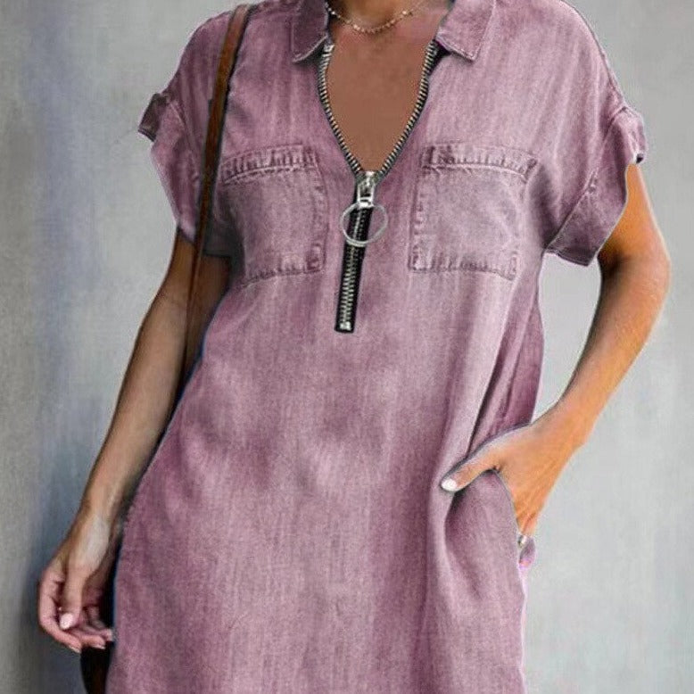 Denim Elvira Zip-Up Dress Casual Wear Flirty Comfortable Chic Elegance+Ease NEW