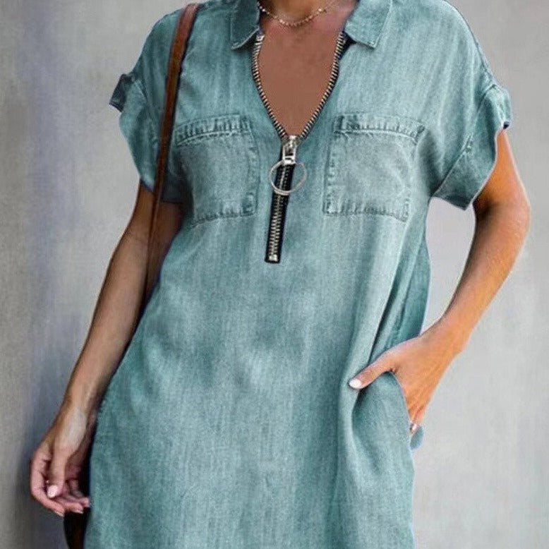 Denim Elvira Zip-Up Dress Casual Wear Flirty Comfortable Chic Elegance+Ease NEW