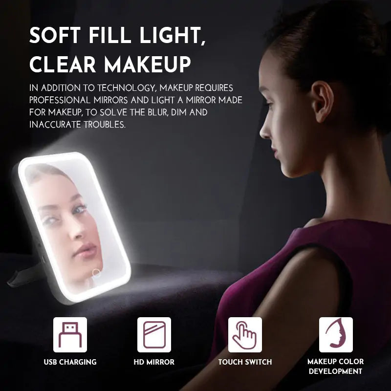 Smart Travel Makeup Lighted Mirror, Touch Screen, Adj. Brightness, Rechargeable NEW