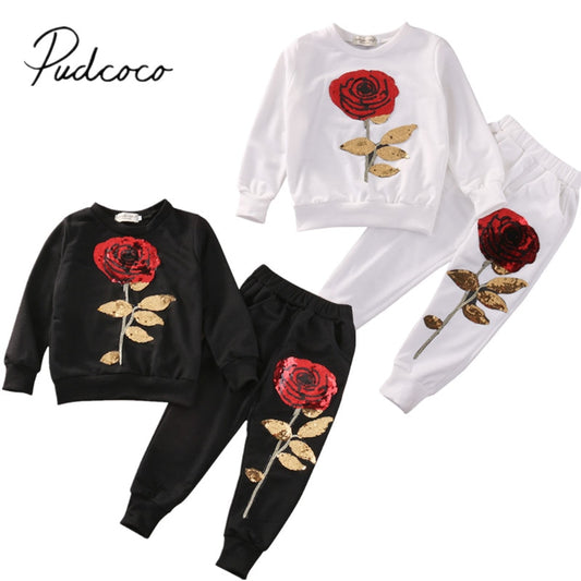 Valentines Day Fashion Girls Kids Rose Flower Outfits Top Bottom Sweats