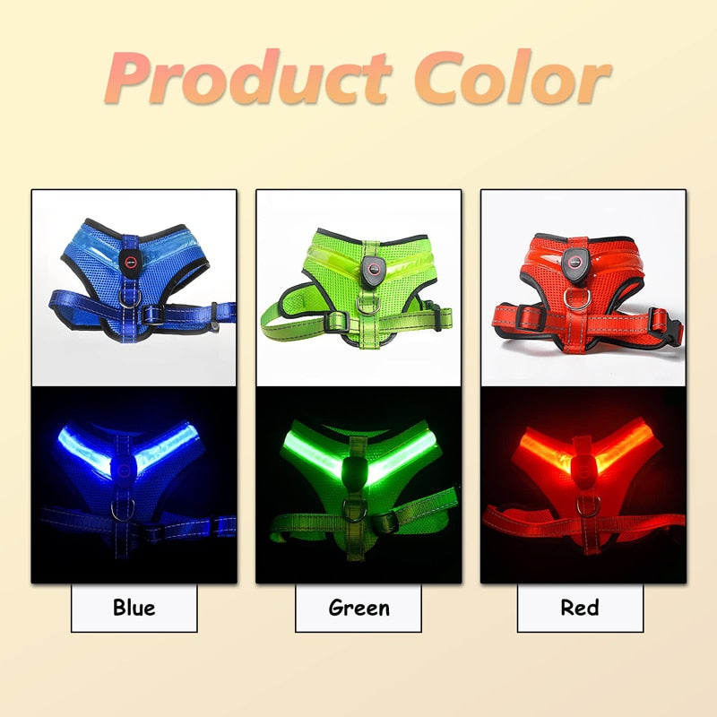 LED Light Glowing Dog Harness Adjustable, Street Safety from Autos, Outdoors Never Lost NEW