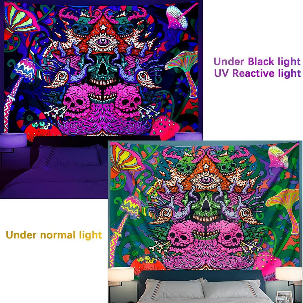 Aesthetic Tapestry Backdrop Blanket Colorful Skull Glows UV Black Light Luminous, Purple, Pink, Green NEW*