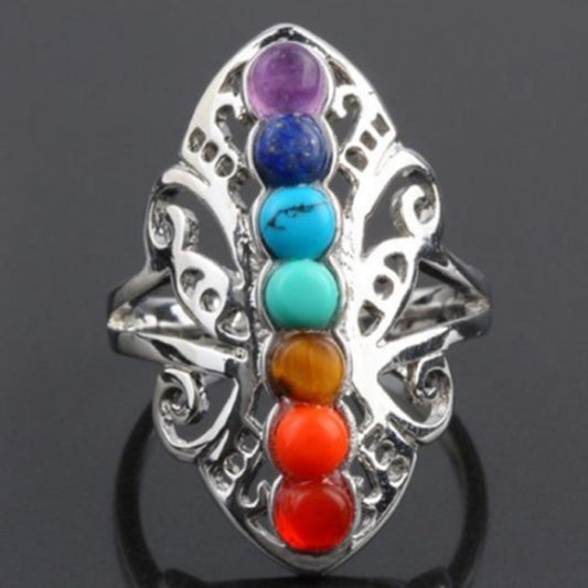Chakra Healing Ring Silver Plating 7 Natural Stones Adjustable NEW