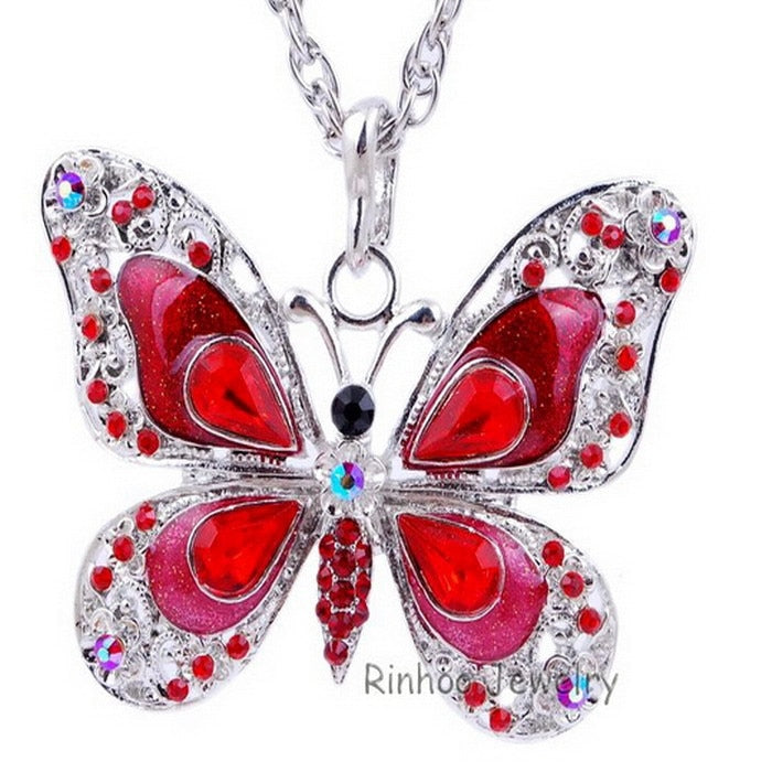 Colorful Sparkling Jewel Butterfly Necklace Pendant Blue Red Purple Pink Green Gold AMB