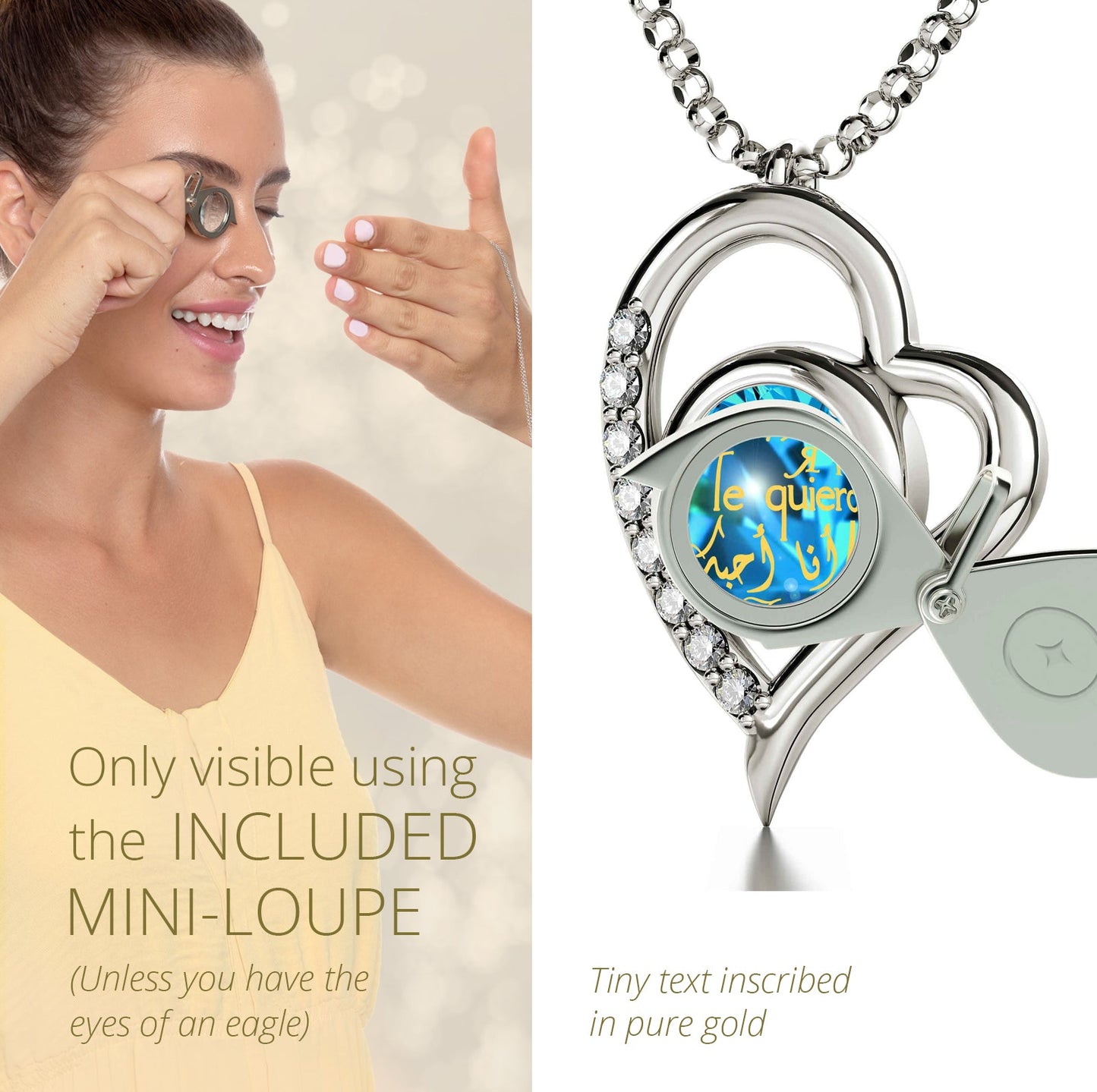 925 Sterling Silver I Love You Heart Pendant Necklace 24k Gold Inscribed in 12 Languages Crystal Blue Purple Turquoise  Red, AMB, New!