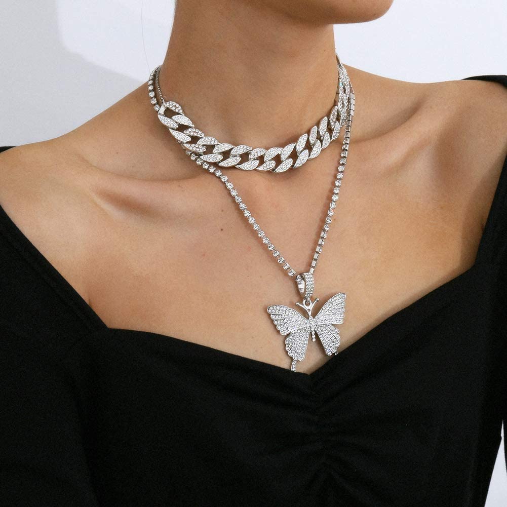 Valentines Day Butterfly Charm Chain Necklace Set Silver Rose Gold Black