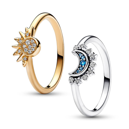 Celestial Blue Sparkling Moon & Sun Rings Sterling Silver Promise & Engagement Set NEW