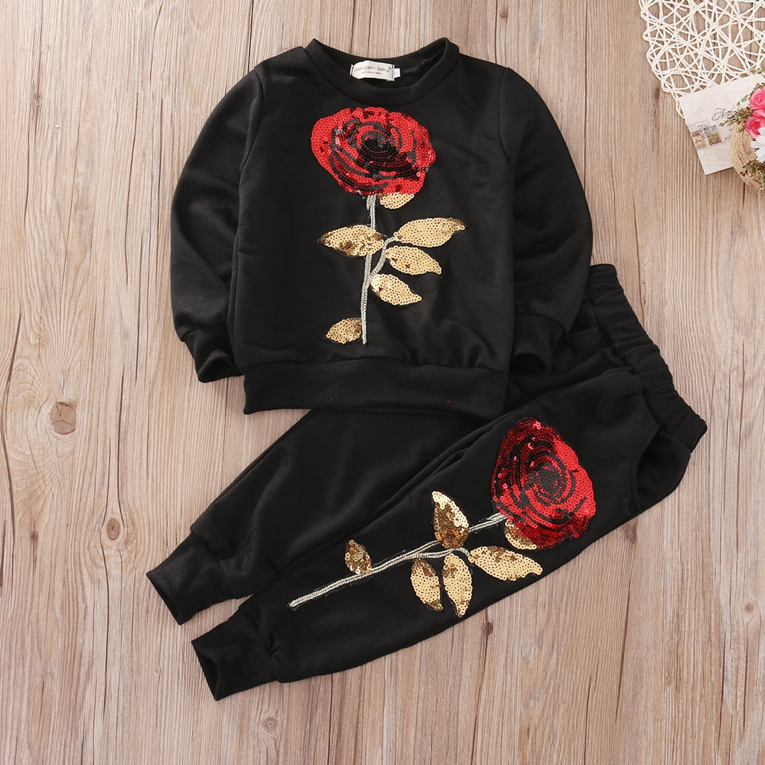 Valentines Day Fashion Girls Kids Rose Flower Outfits Top Bottom Sweats