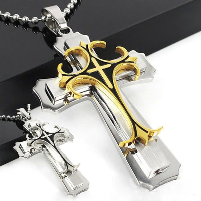 Christian Cross Necklace Pendant Gold Silver Stainless Steel