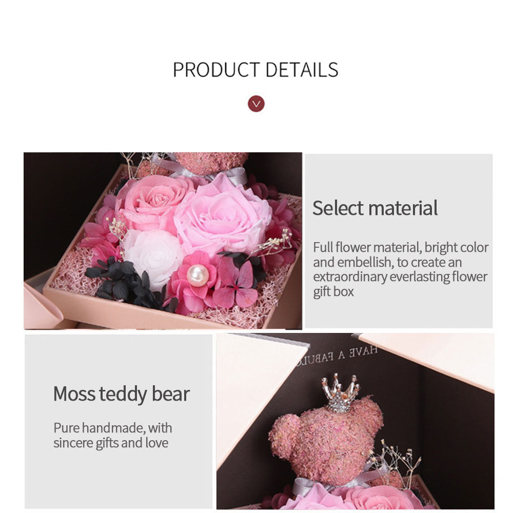 Valentines Day Artificial Flower Jewelry Box Bear Crown Love Rose Pink