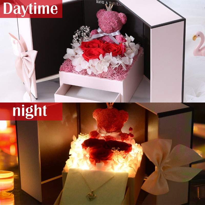 Valentines Day Eternal Rose Flower Gift Box Fawn Bear