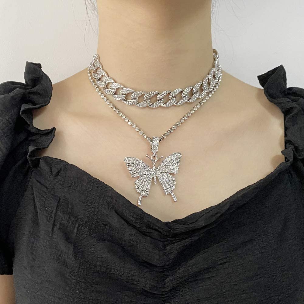 Valentines Day Butterfly Charm Chain Necklace Set Silver Rose Gold Black
