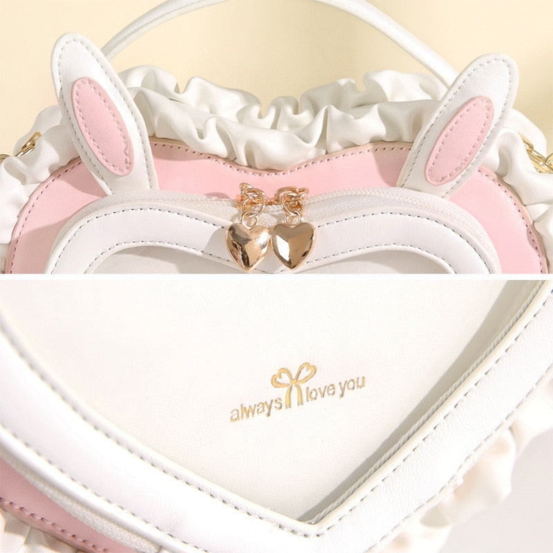 Valentines Day Kawaii Bunny Ears Heart Shape Shoulder Bag Purse Pink Blue