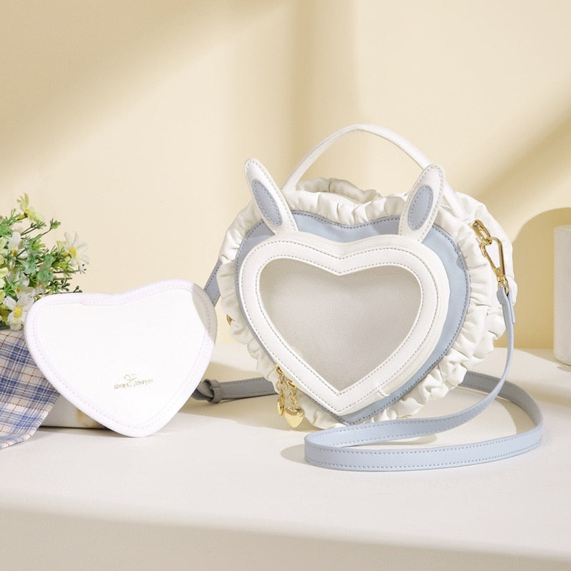 Valentines Day Kawaii Bunny Ears Heart Shape Shoulder Bag Purse Pink Blue