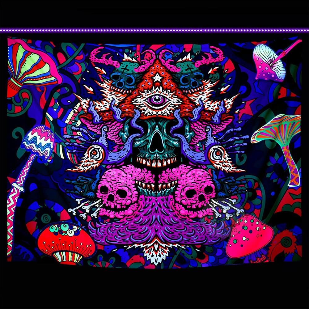 Aesthetic Tapestry Backdrop Blanket Colorful Skull Glows UV Black Light Luminous, Purple, Pink, Green NEW*