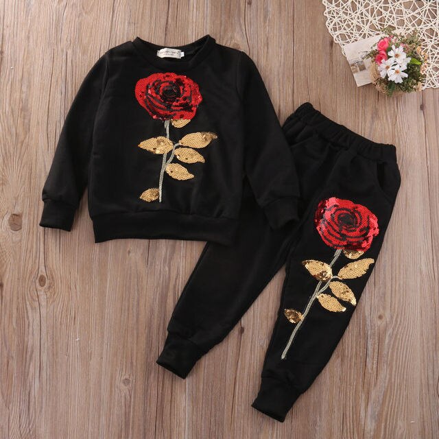 Valentines Day Fashion Girls Kids Rose Flower Outfits Top Bottom Sweats