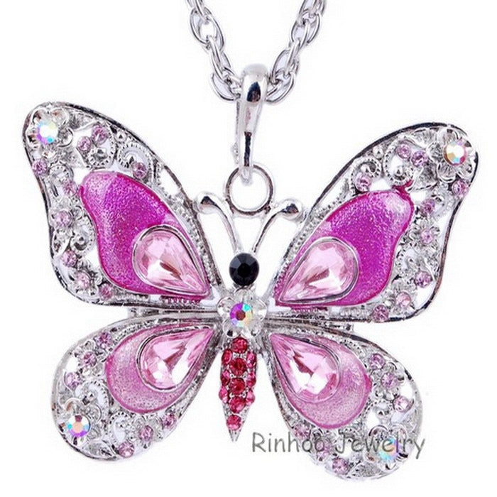 Colorful Sparkling Jewel Butterfly Necklace Pendant Blue Red Purple Pink Green Gold AMB