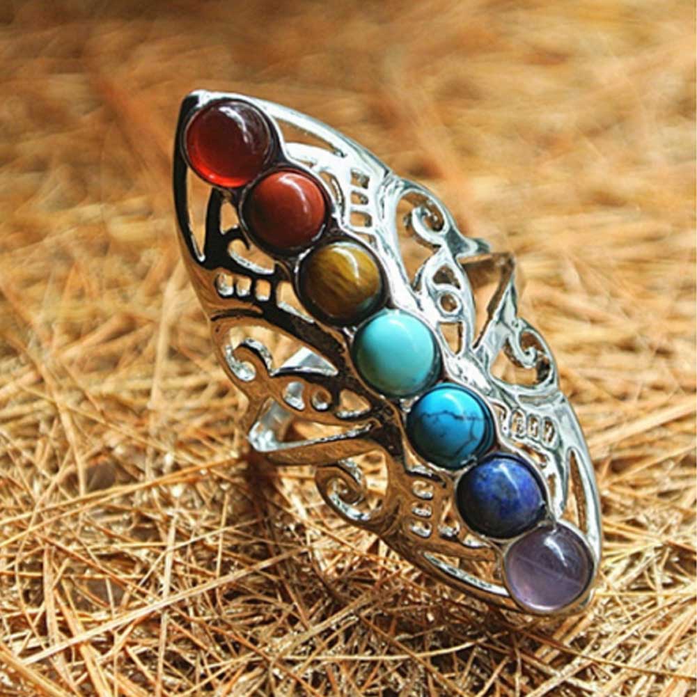 Chakra Healing Ring Silver Plating 7 Natural Stones Adjustable NEW
