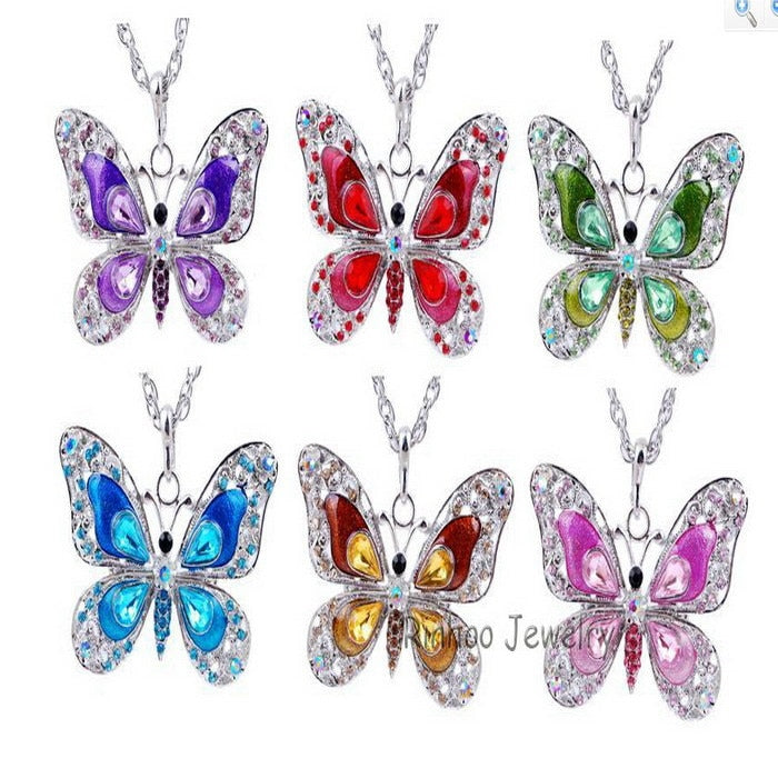 Colorful Sparkling Jewel Butterfly Necklace Pendant Blue Red Purple Pink Green Gold AMB