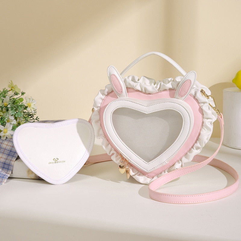 Valentines Day Kawaii Bunny Ears Heart Shape Shoulder Bag Purse Pink Blue