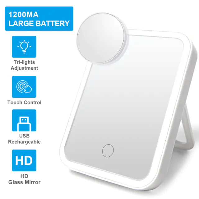 Smart Travel Makeup Lighted Mirror, Touch Screen, Adj. Brightness, Rechargeable NEW