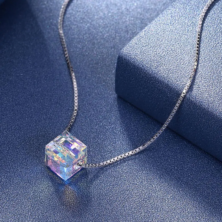 Crystals Aurora Borealis Cube Necklace 18K White Gold Plated NEW