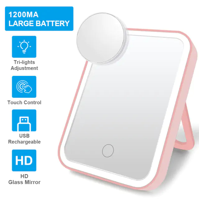 Smart Travel Makeup Lighted Mirror, Touch Screen, Adj. Brightness, Rechargeable NEW