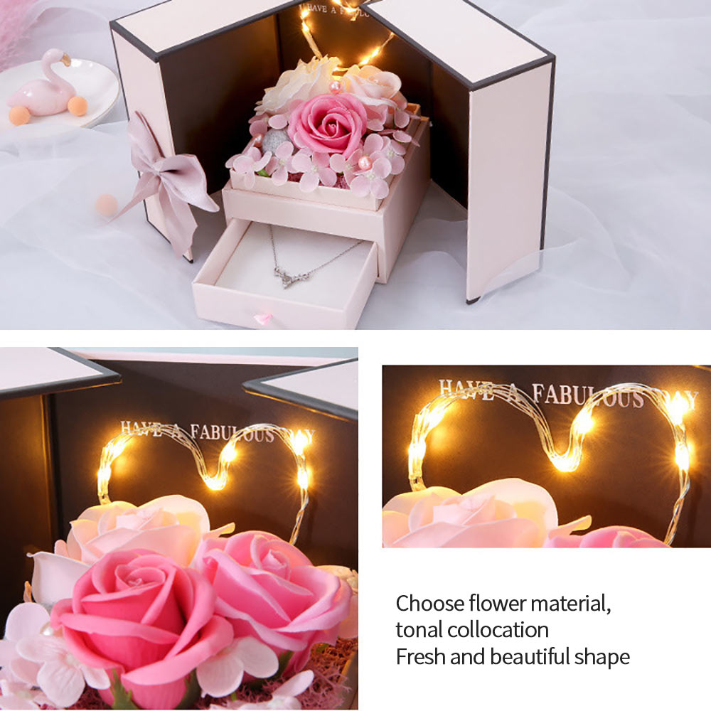 Valentines Day Artificial Flower Jewelry Box Bear Crown Love Rose Pink