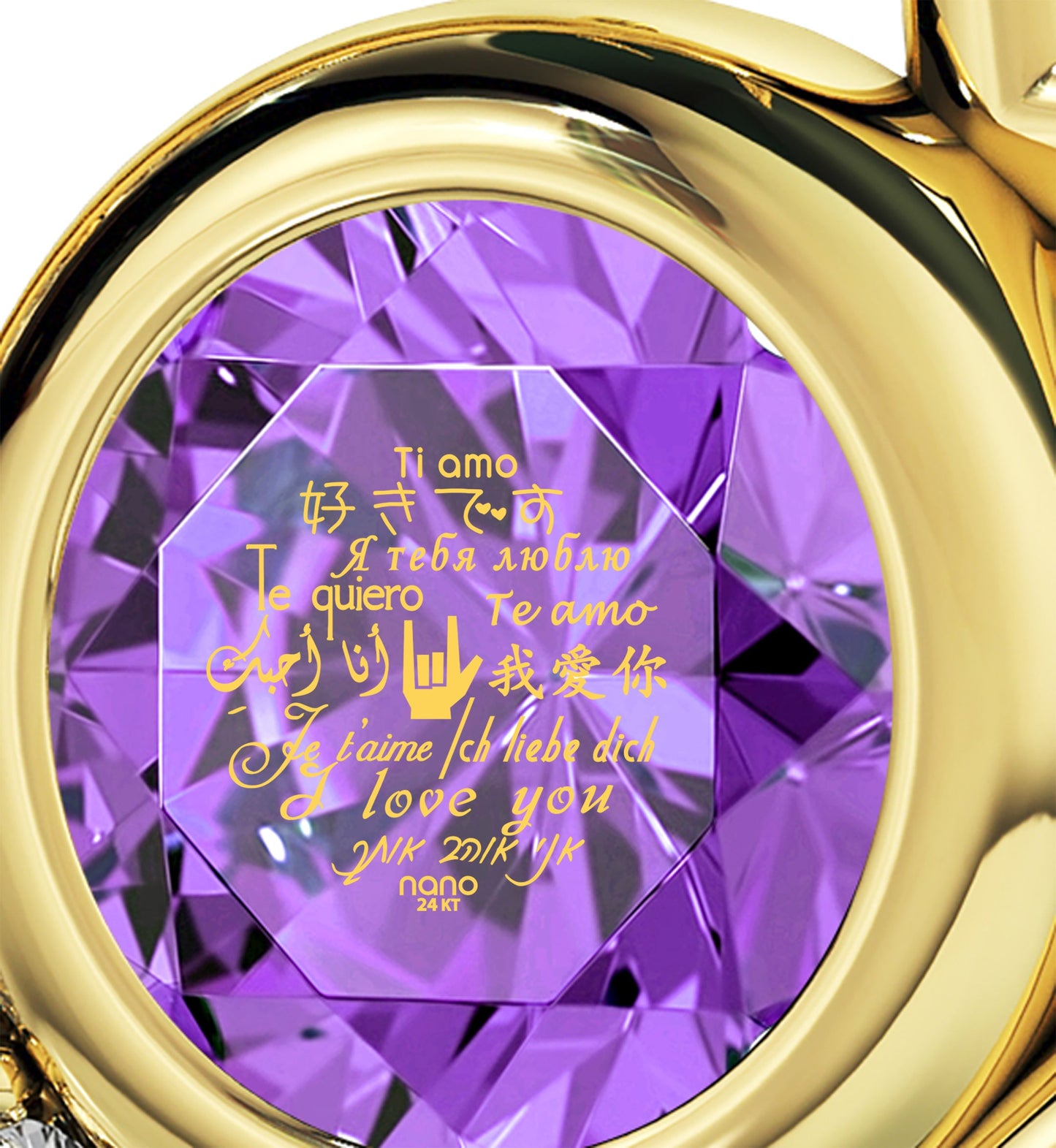 Gold Plated Silver" I Love You" Heart Necklace Set 24k Gold Inscribed in 12 Languages Red Purple Crystal, AMB, NEW!