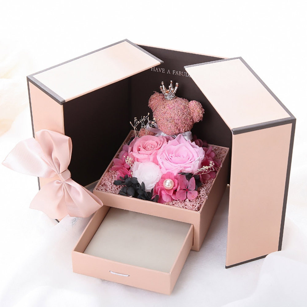 Valentines Day Artificial Flower Jewelry Box Bear Crown Love Rose Pink