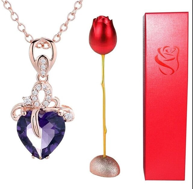 Valentines Day Pink Eternal Love Necklace Pendant Metal Rose Amethyst, Blue, Gold Silver Purple