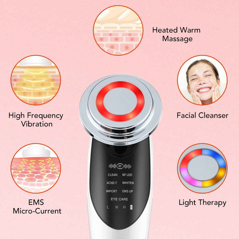 7 in 1 Face Lift Device RF Microcurrent, Vibrations, Light Therapy, Deep Cleanse, Rejuvenate Skin NEW AMB