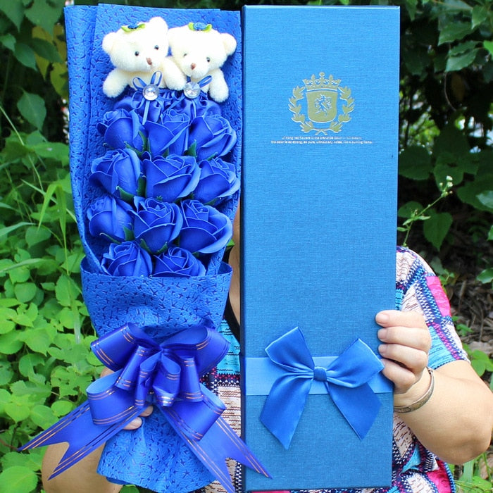 Valentines Day Teddy Bear Flower Bouquet Pink Purple Blue